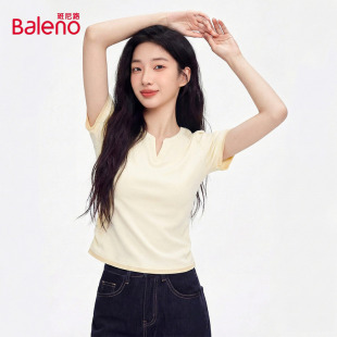 显瘦短款 班尼路鹅黄色小v领短袖 修身 新款 辣妹上衣N T恤女2026夏季