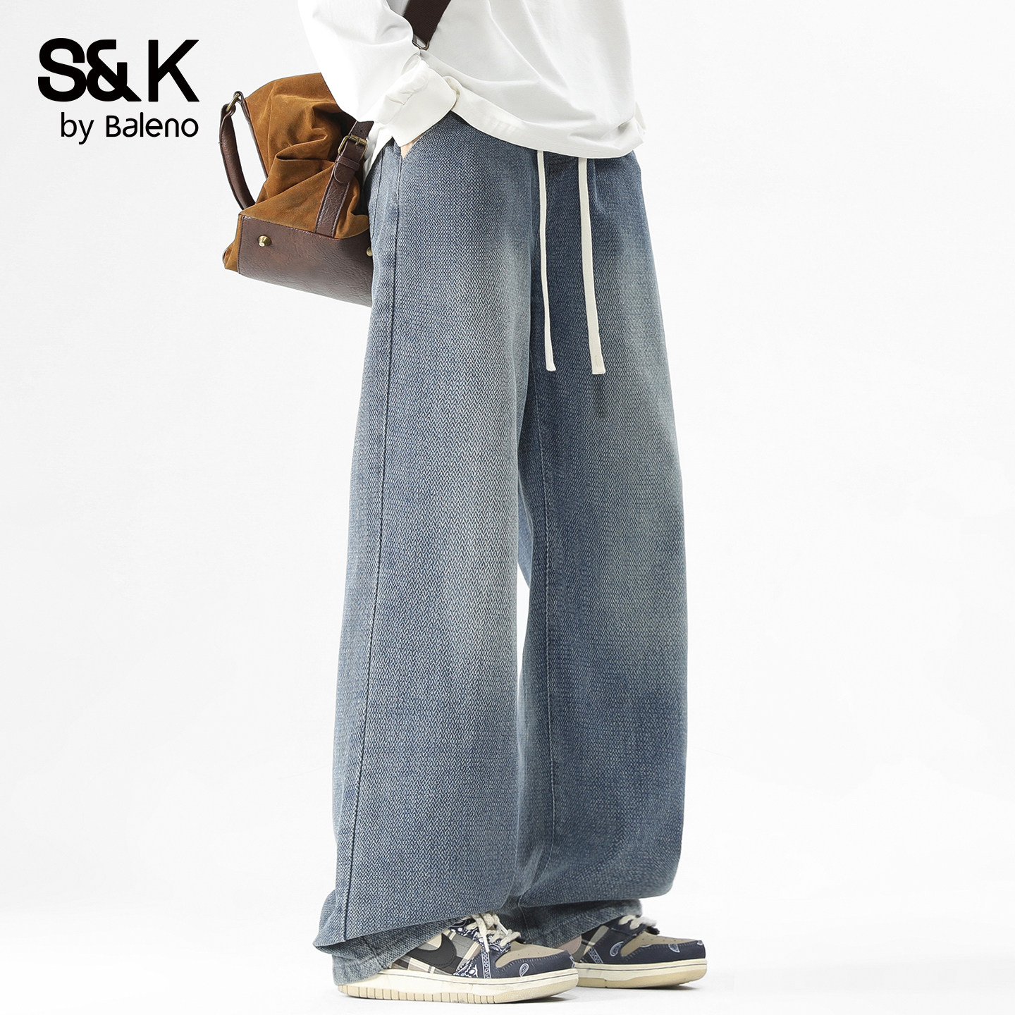 班尼路SK冬季新款加绒直筒垂感长裤男美式高街星空纹休闲牛仔裤YS