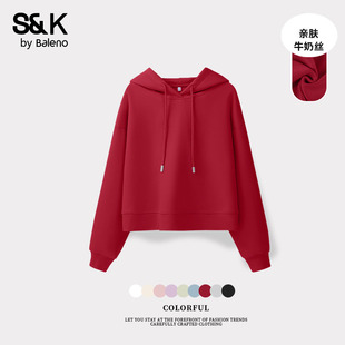 班尼路S&K系列红色短款连帽卫衣外套女款2026春季新款初中生上衣H