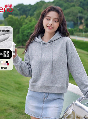 班尼路灰色连帽卫衣女春夏新款小个子短款宽松休闲通勤百搭上衣Q