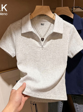 班尼路S&K灰色POLO衫短袖T恤女夏季新款收腰显瘦休闲运动上衣女N