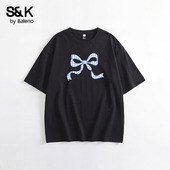 班尼路S&K系列黑色纯棉短袖 t恤女2026春夏新款 宽松圆领打底上衣H