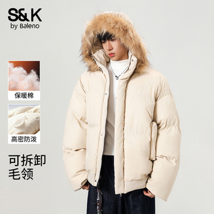 班尼路美式 加厚保暖宽松棉服外套E 复古可拆卸毛领连帽棉衣男冬季