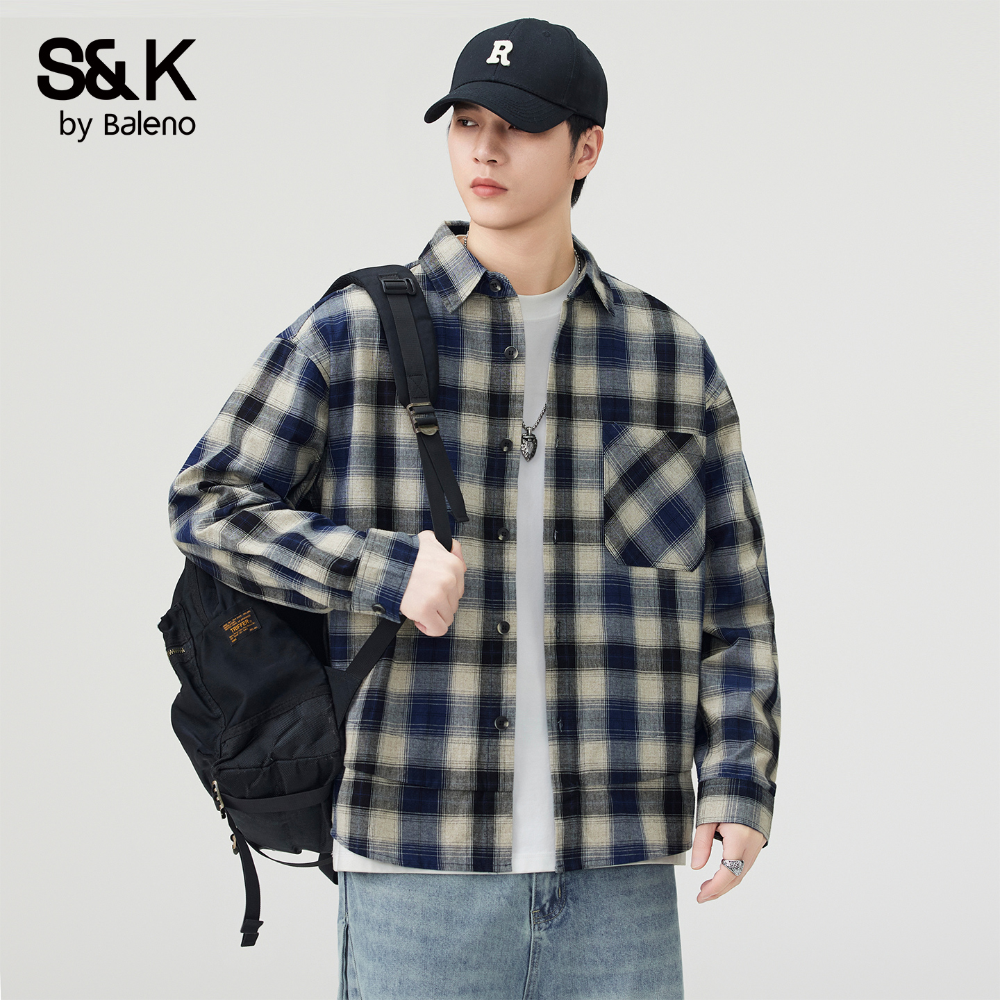 班尼路SK美式高街纯棉格子衬衫男