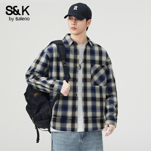 高街纯棉格子衬衫 潮牌拼接长袖 男士 新款 外套服MS 秋季 班尼路SK美式