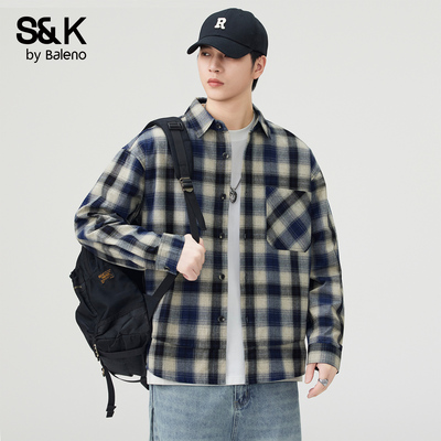 班尼路SK美式高街纯棉格子衬衫男