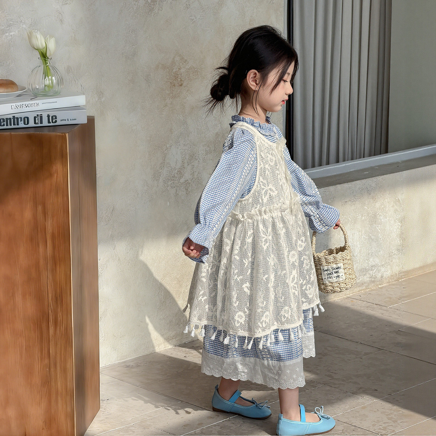 女童连衣裙套装秋装2026新款儿童秋季格子公主裙女孩网纱背心裙子图片