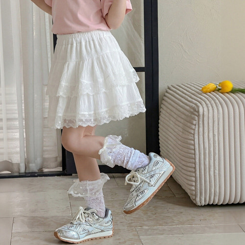 女童半身裙夏装2026新款儿童夏季双层蕾丝公主裙洋气女孩白色裙子