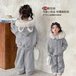 女童套装冬装2026新款儿童冬季毛领外套小女孩新年衣服宝宝休闲裤