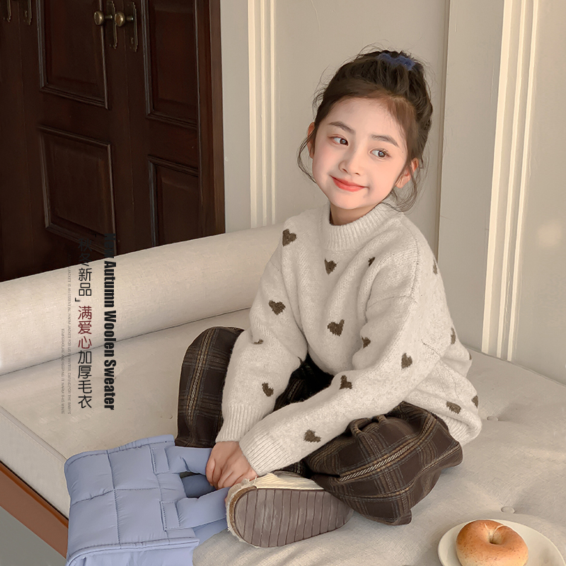 女童红色毛衣秋冬冬装套头上衣