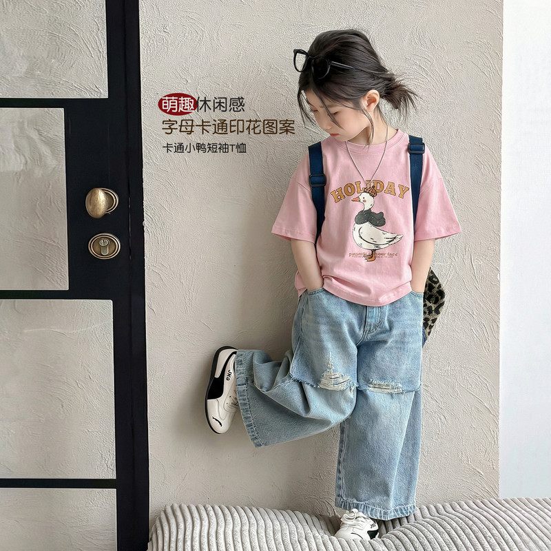 女童字母短袖T恤夏装2026新款儿童夏季超漂亮上衣宝宝女孩五分袖
