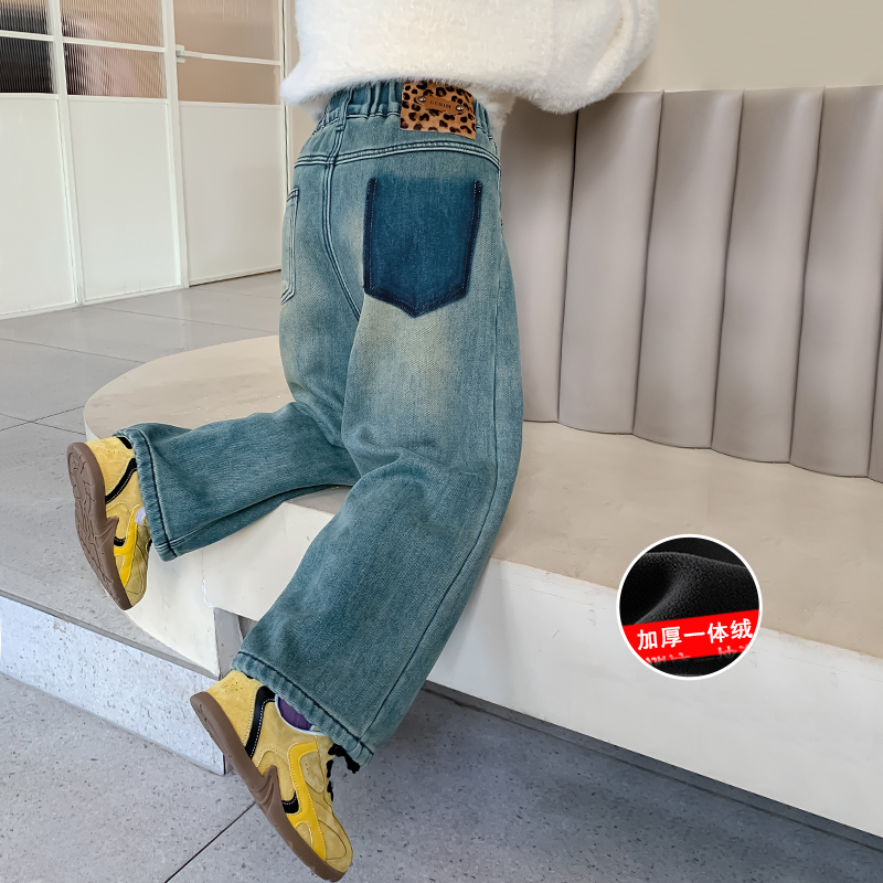 女童加绒牛仔裤秋冬洋气女孩冬装