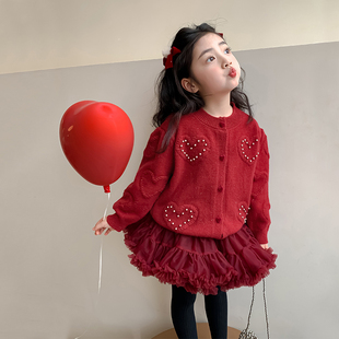 女童套装新年衣服2026新款儿童毛衣开衫外套秋冬女孩凸凸裙拜年服