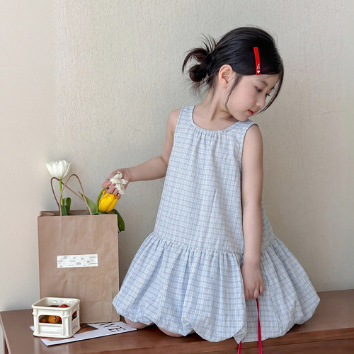 女童格子连衣裙夏装2026新款儿童夏季无袖花苞裙小童巨好看公主裙