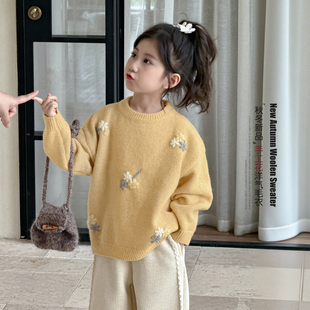 女童毛衣秋冬款2026新款儿童秋季花朵针织上衣超好看韩系女孩童装
