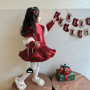 女孩tutu裙冬季 冬装 衣服儿童红色拜年服 新年衣服2026新款 女童套装