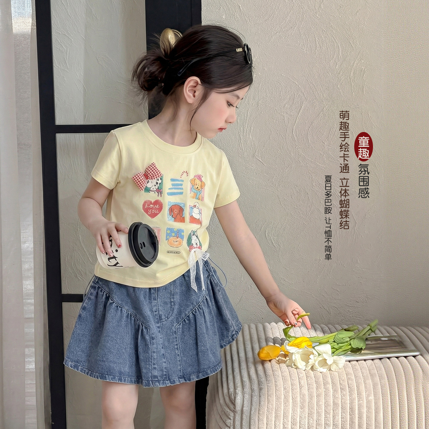 女童卡通短袖T恤夏装2026新款小女孩夏季甜美可爱上衣儿童五分袖