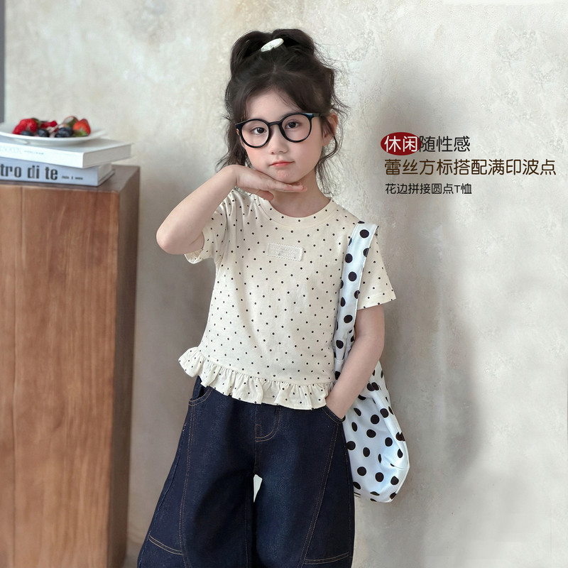 女童波点短袖T恤夏装2026新款儿童夏季超漂亮五分袖森系女孩半袖