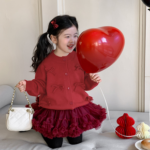 女童套装2026新款洋气宝宝红色针织毛衣童装儿童冬季tutu裙拜年服