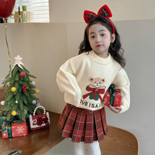 2026新款 儿童套头毛衣新年衣服百褶裙子两件套 冬装 女童拜年服套装