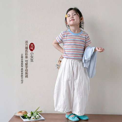 女童条纹短袖T恤夏装2026新款女宝夏季巨好看上衣儿童女孩五分袖