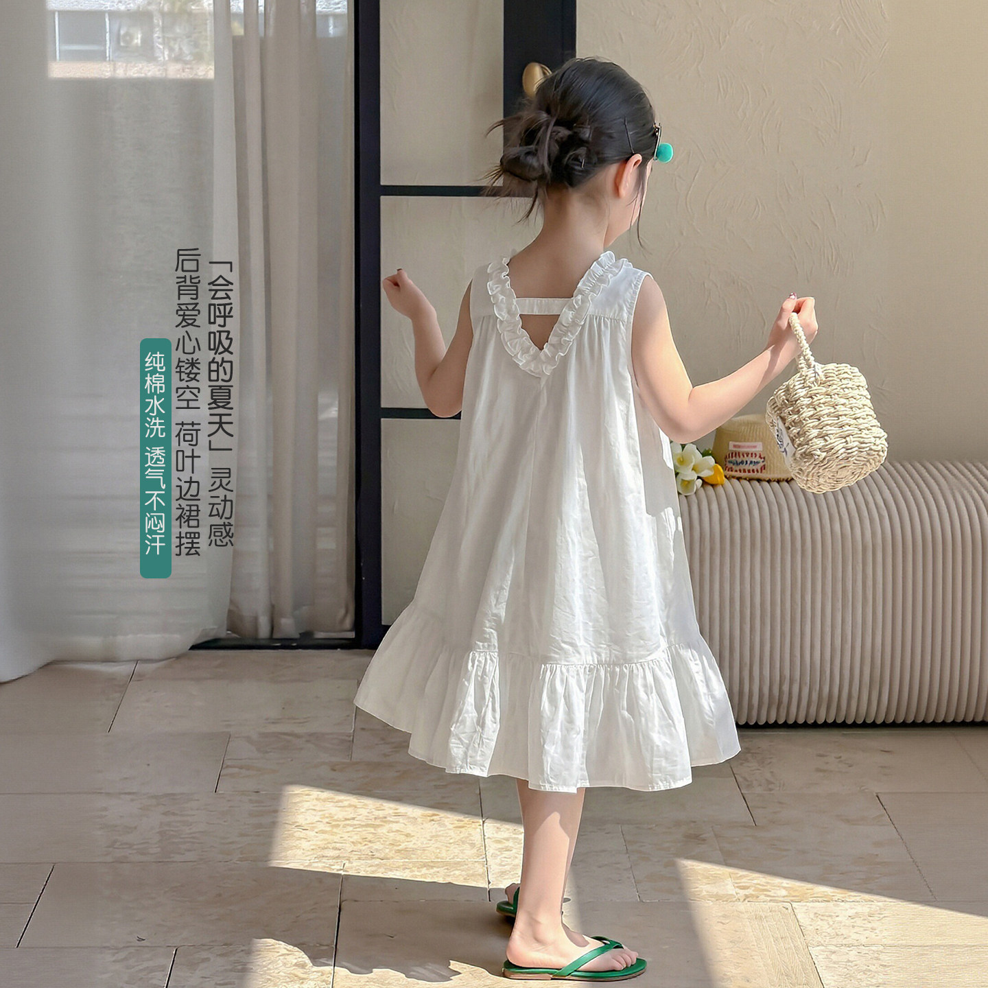 女童棉布裙夏季薄款2026新款儿童小V领公主裙女宝超漂亮连衣裙子