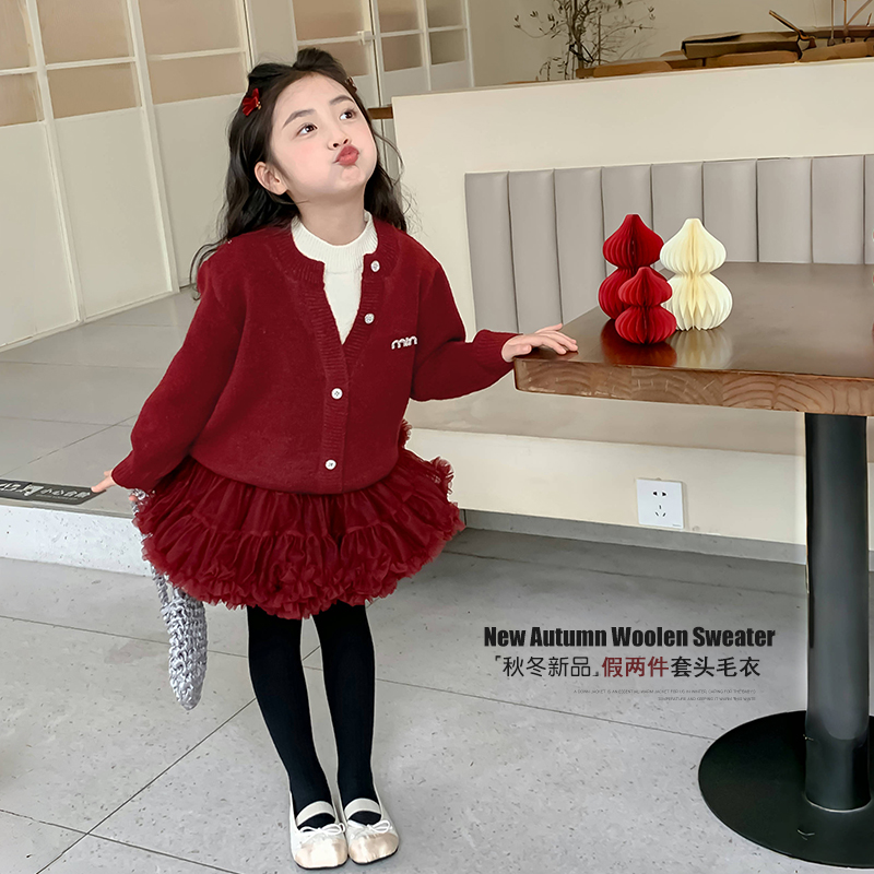 女童秋冬套装拜年服儿童红色毛衣