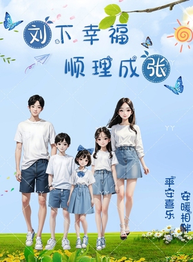 抖音直播全家福亲子头像素材模板PS夏款牛仔蓝色款氏头像制作设计