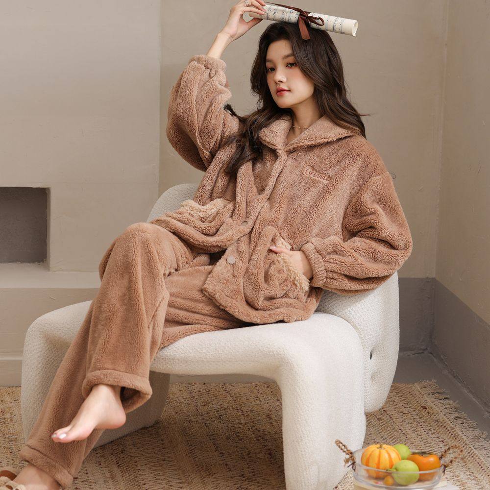 新款睡衣女冬季加厚珊瑚绒可外穿家居服高克重加绒保暖套装甜美风
