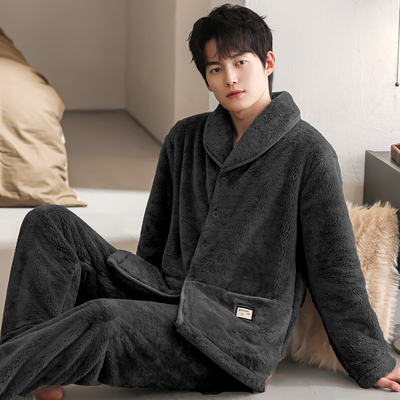 睡衣男秋冬加厚加绒法兰绒套装珊瑚绒家居服开衫休闲大码保暖冬装