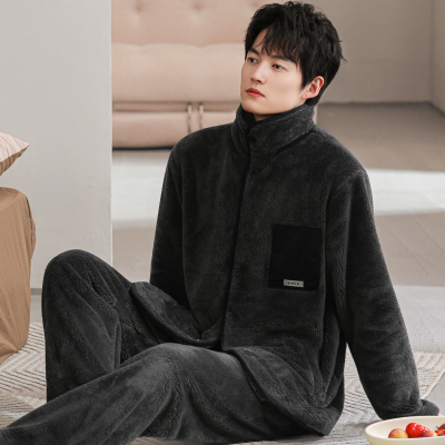睡衣男秋冬加厚加绒法兰绒套装珊瑚绒家居服立领开衫大码保暖冬装