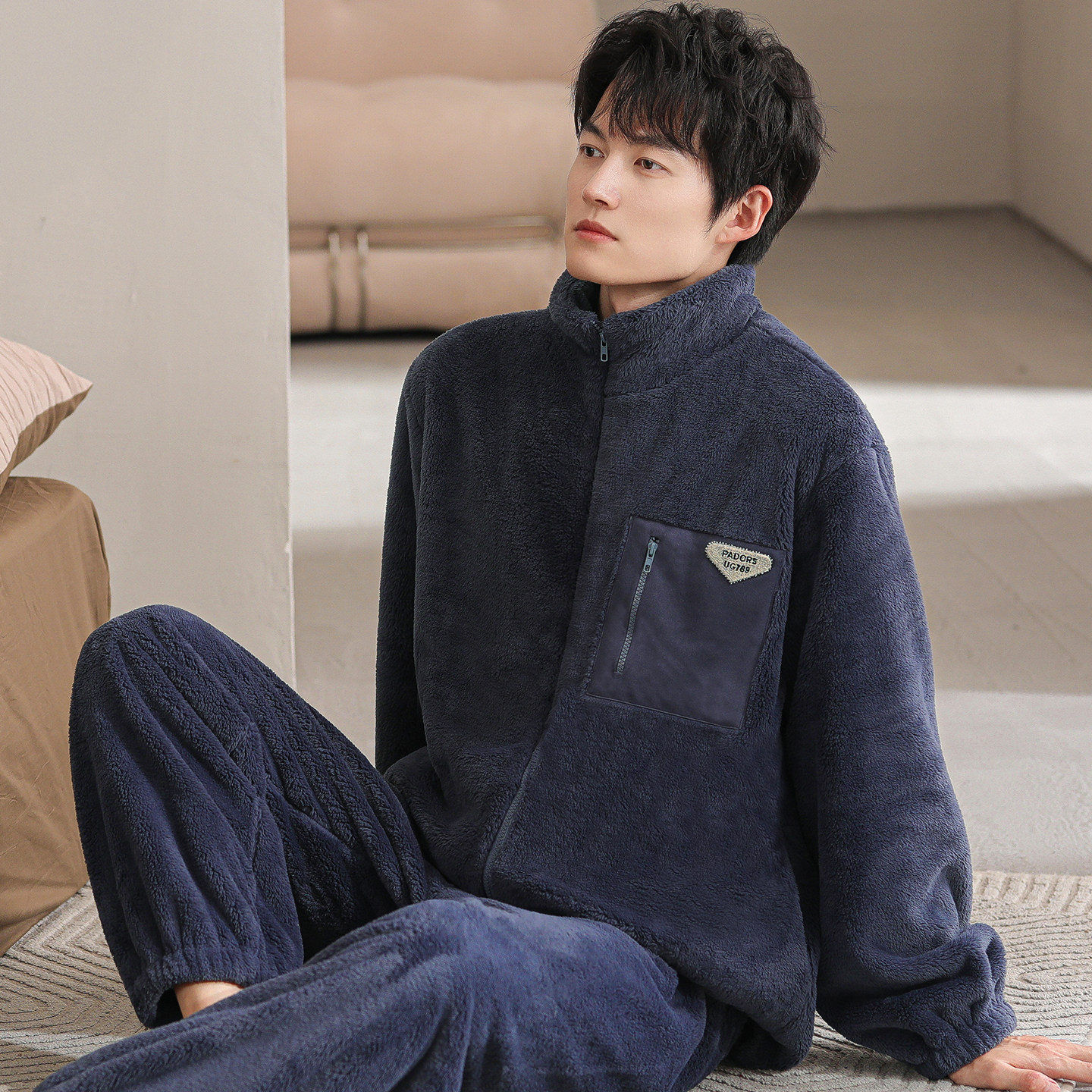 睡衣男秋冬加厚加绒法兰绒套装珊瑚绒家居服开衫拉链大码保暖冬装