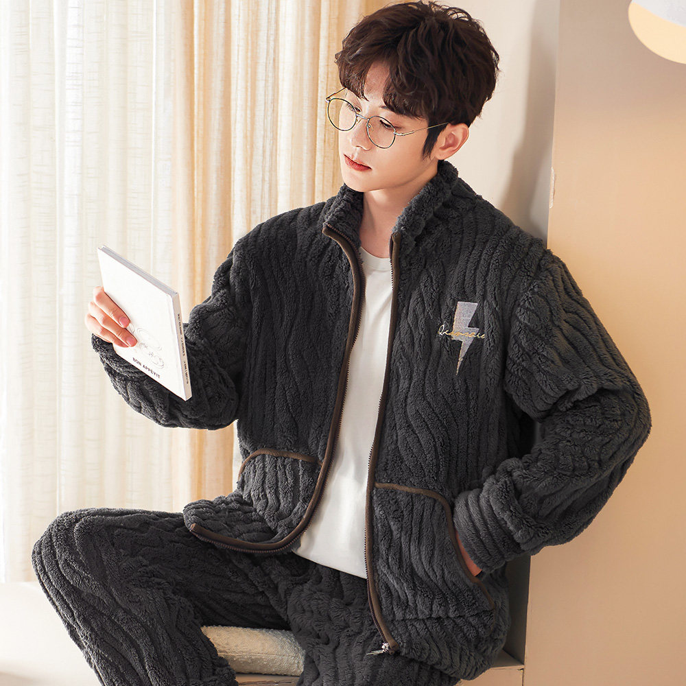 睡衣男秋冬加厚加绒法兰绒套装珊瑚绒家居服开衫拉链大码保暖冬装