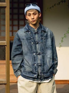大码男装RN77重磅水洗TYPE2唐装盘扣拼接丹宁猫须复古牛仔夹克