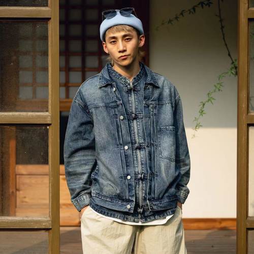 大码男装RN77重磅水洗TYPE2唐装盘扣拼接丹宁猫须复古牛仔夹克
