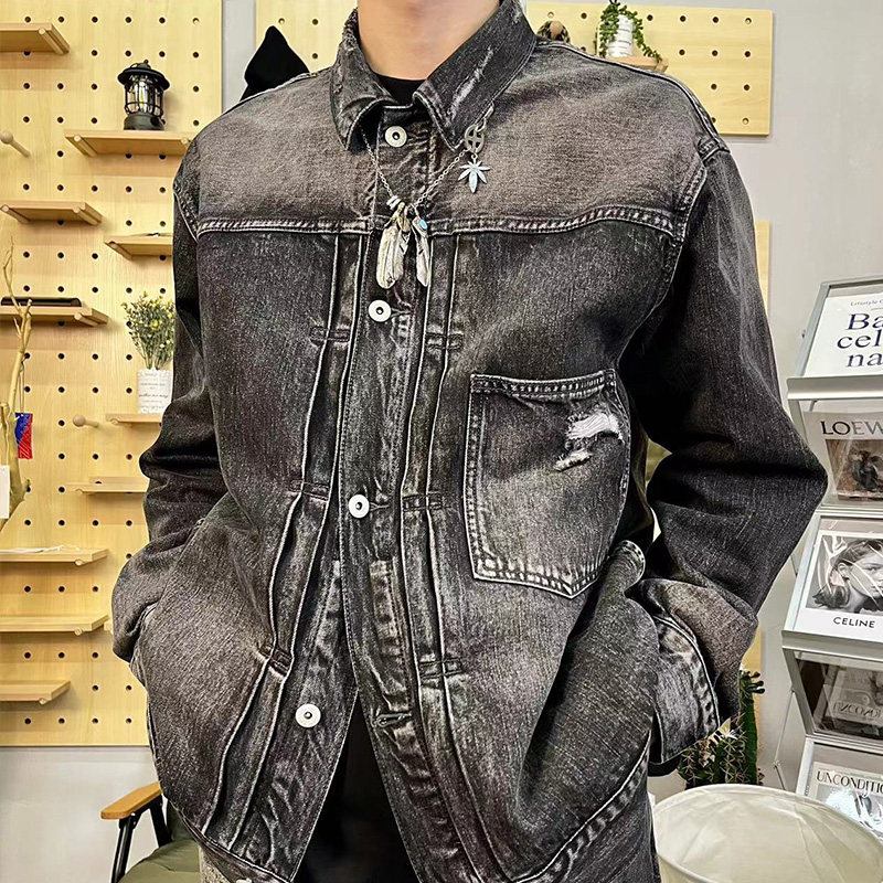 rn77山野风2023ss日系手擦马骝单口袋破坏水洗复古牛仔夹克外套