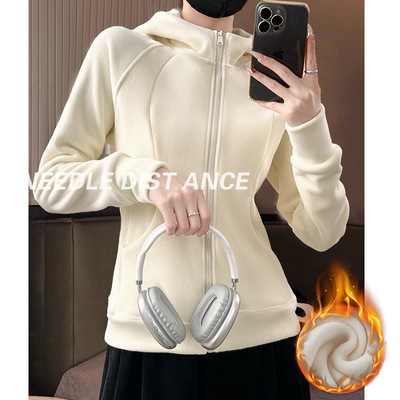 白色连帽卫衣女新款秋冬加绒加厚保暖上衣修身摇粒绒开衫外套