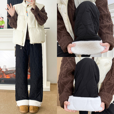 黑色保暖防风裤子女秋冬加厚摇粒绒棉裤外穿休闲小个子加绒阔腿裤