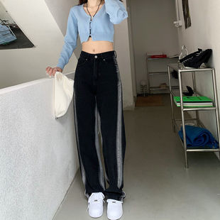 金智妮同款裤子渐变黑色直筒裤子女装新款ins春夏高腰宽松设计感