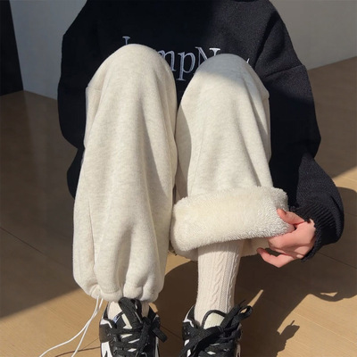 羊羔绒加绒阔腿裤女秋冬季加厚束脚卫裤棉裤外穿宽松小个子运动裤