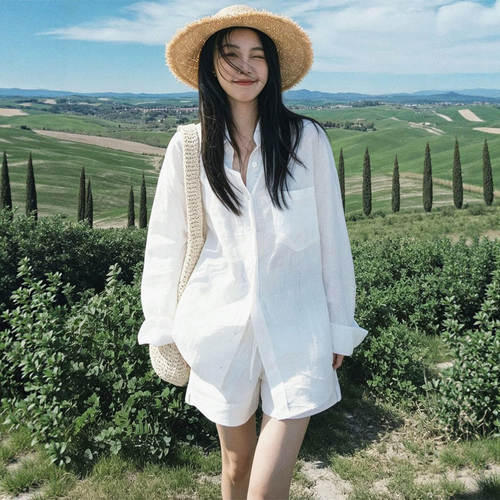 白色老钱风防晒衬衫女夏季薄款亚麻套装宽松休闲大码女装棉麻短裤