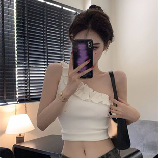新款 无袖 辣妹吊带背心女秋季 斜肩打底针织衫 上衣 显瘦修身 内搭短款