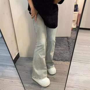 金智妮同款裤子美式黄泥蓝微喇牛仔裤女高腰显瘦小众拖地做旧复古