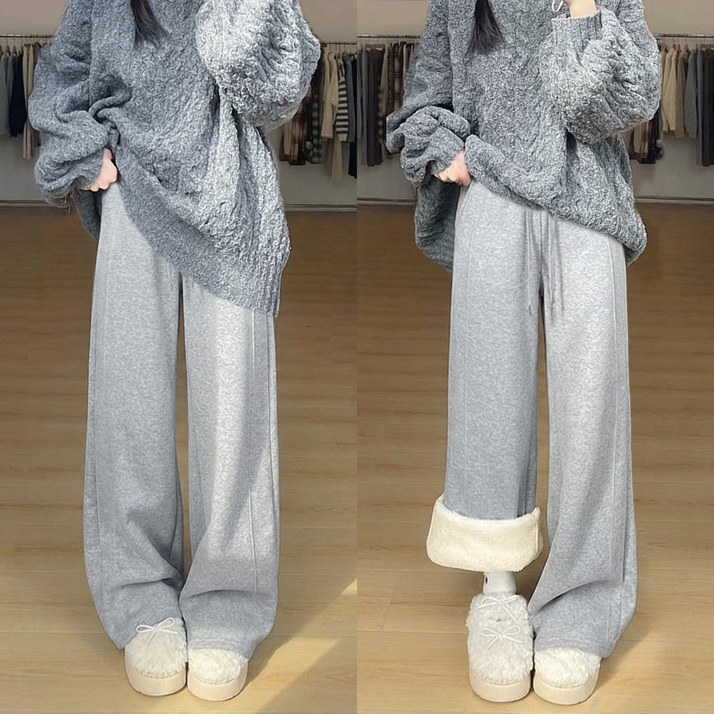 窄版加绒阔腿裤女秋冬季羊羔绒裤子直筒宽松卫裤小个子香蕉运动裤,女装/女士精品,休闲裤,淘宝优惠券,粉丝福利购,淘宝优惠卷