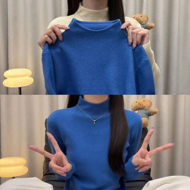 韩系chic蓝色半领打底上衣女春装秋冬内搭针织衫软糯级感毛衣,女装/女士精品,毛针织衫,淘宝优惠券,粉丝福利购,淘宝优惠卷