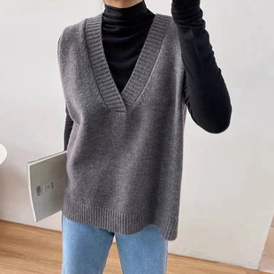 韩版V领马甲女秋冬新款百搭外穿中长款宽松大码针织毛衣背心超会