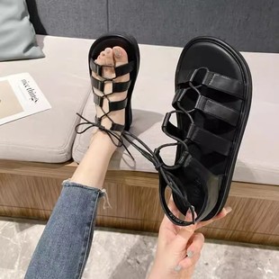 专柜撤柜罗马凉鞋 女2025夏季 外穿百搭平厚底露趾防滑交叉绑带女鞋