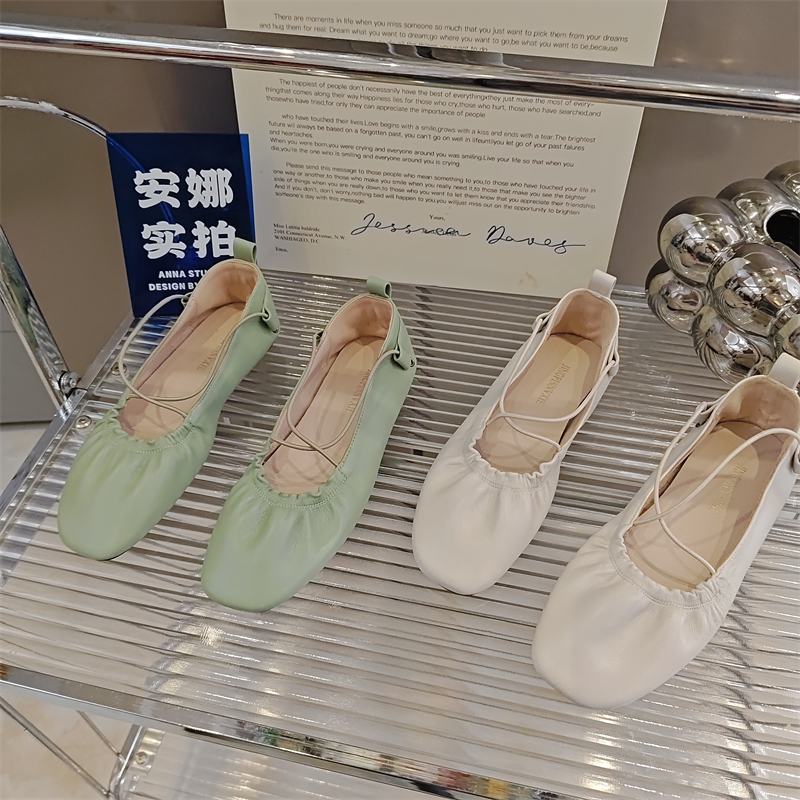 时尚软皮绑带芭蕾平底奶奶鞋复古百搭方头玛丽珍浅口蛋卷鞋女单鞋