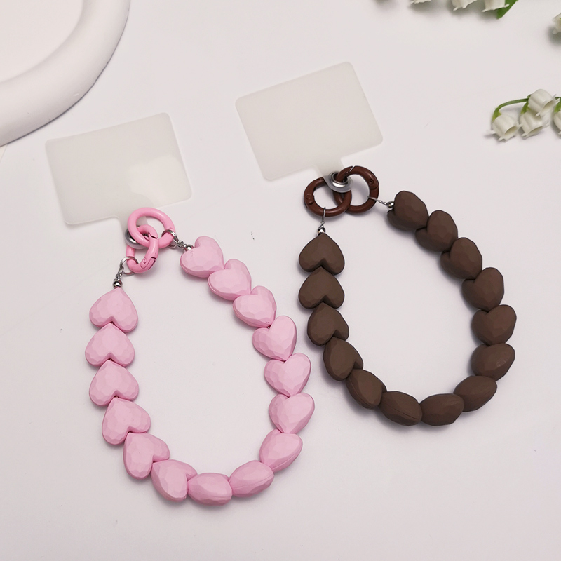 手机挂绳手工串圆珠挂饰爱心连心串珠子女款手腕链夹片式结实耐用手腕不规则菱形挂件防丢吊绳