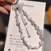 双域水钻蝴蝶结流苏珍珠手链手机挂绳ins时尚 小清新手腕短链手工串珠户外旅游行逛街防丢手提链吊链吊坠吊绳